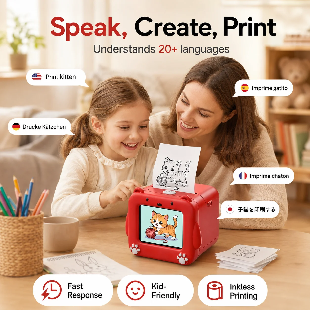 AI Thermal Printer Portable Sticker Maker HD Screen Voice Control WiFi Kids Drawing Printer for Creative Learning
