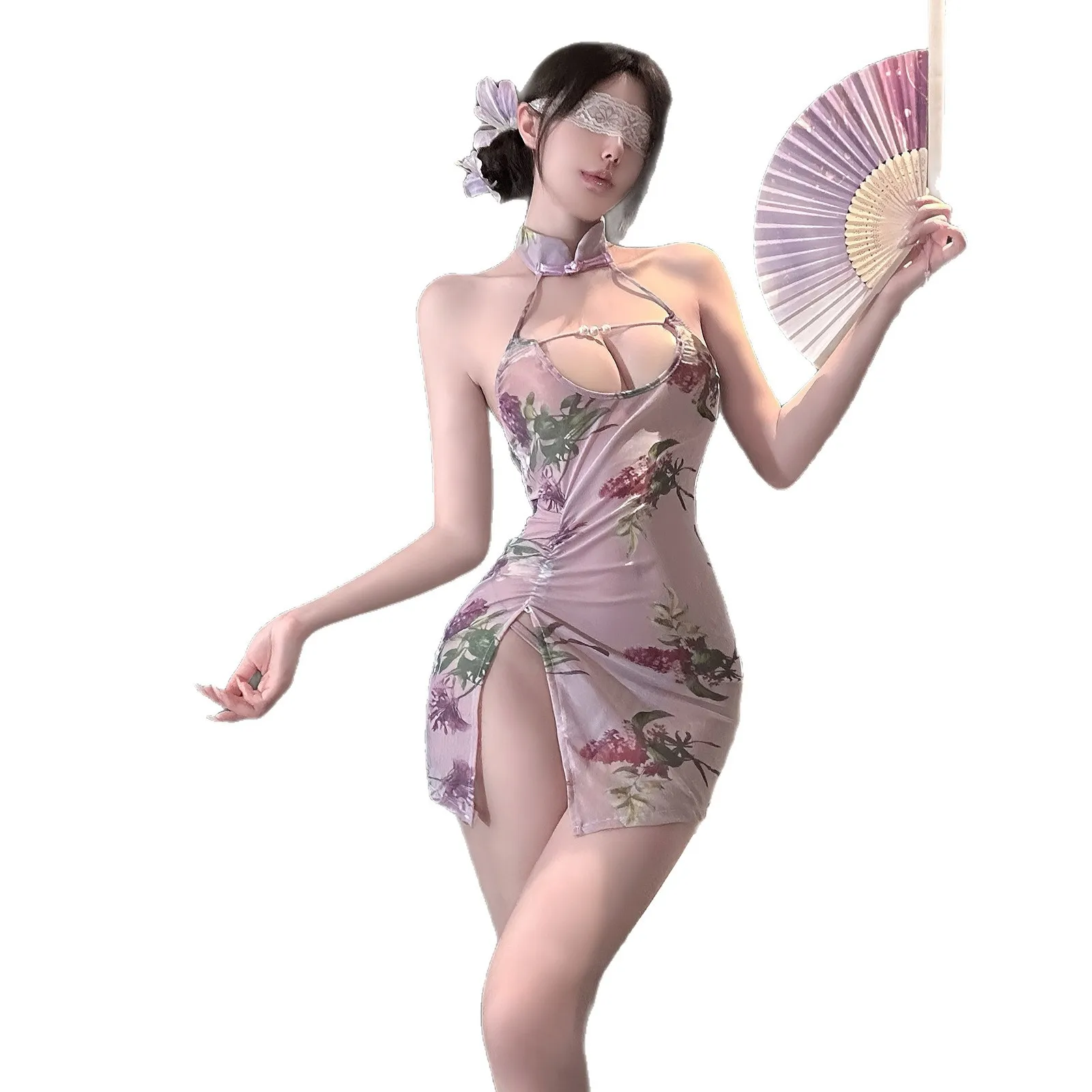 Sexy Lingerie Qipao Style Pearl Trimmed Open Crotch Insertable Lace See Through Erotic Costume Set For Women Babydolls Teddy Bod