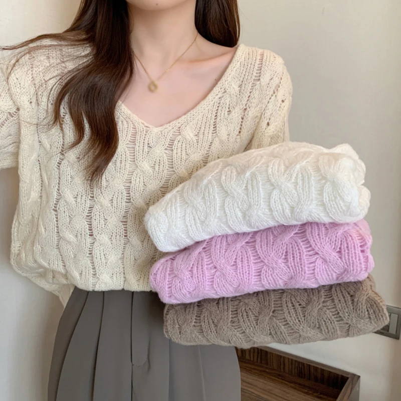 

Women's Sweater Solid Colour Autumn Winter Fashion V Neck Loose Casual Lazy Style Knitted Long Sleeves Pullover