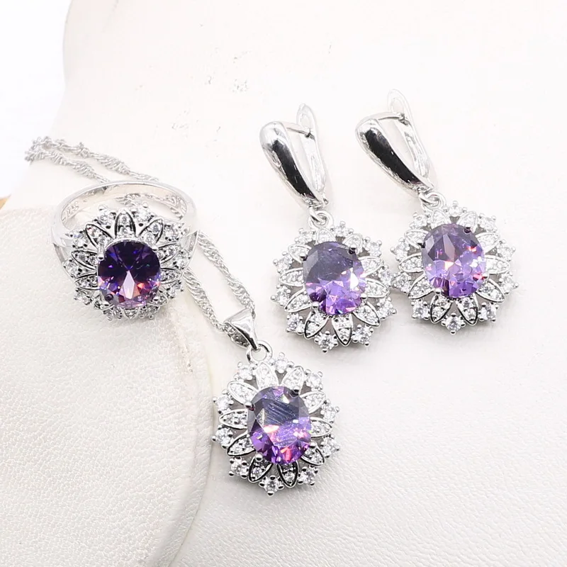 Silver 925 Natural Purple Jewelry For Woman Drop Earrings Set Pendants Ring Bracelets Wedding Party Zirconia Jewel Jewellery