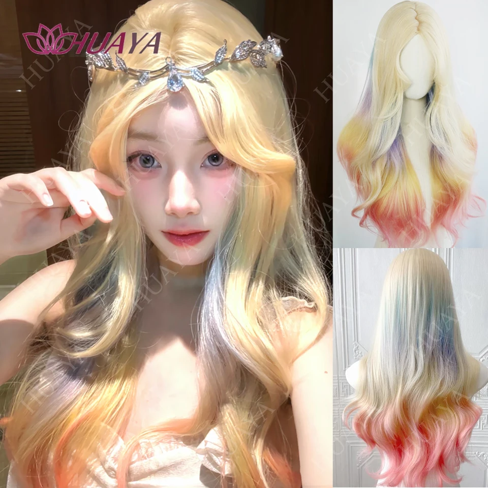 

Ombre Красочные Синтетические Волосы Длинные Волны Вьющиеся Волосы Лолита Термостойкое Волокно Парик для Женщин Хэллоуин Косплей Парик