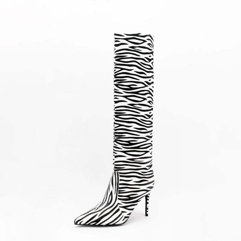 Kolnoo Handmade New Classic Ladies High Heels Boots Zebra Style Pointed-toe Big Size 34-47 Booties Evening Fashion Winter Shoes