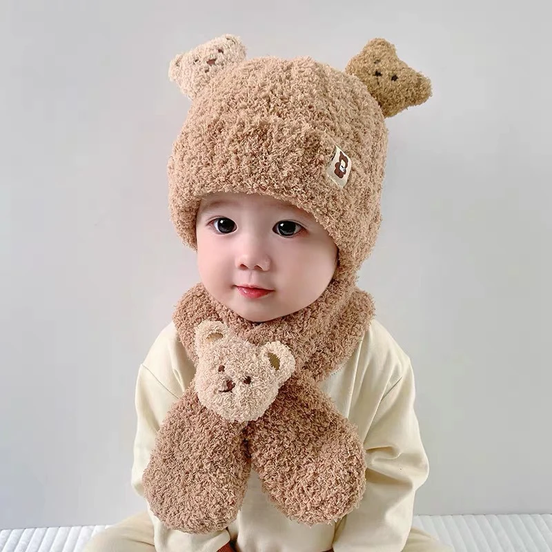 Babymutsje Sjaal Voor Meisjes Jongens Winter Warme Set Cartoon Beer Koudebestendige Kleding Voor Kinderen Kinderspullen Brimless Cap Sjaal