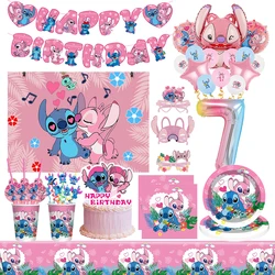 Lilo And Stitch Birthday Decoration Disney Pink Stitch Party tema stoviglie Set palloncini angelo forniture felici bomboniere per bambina