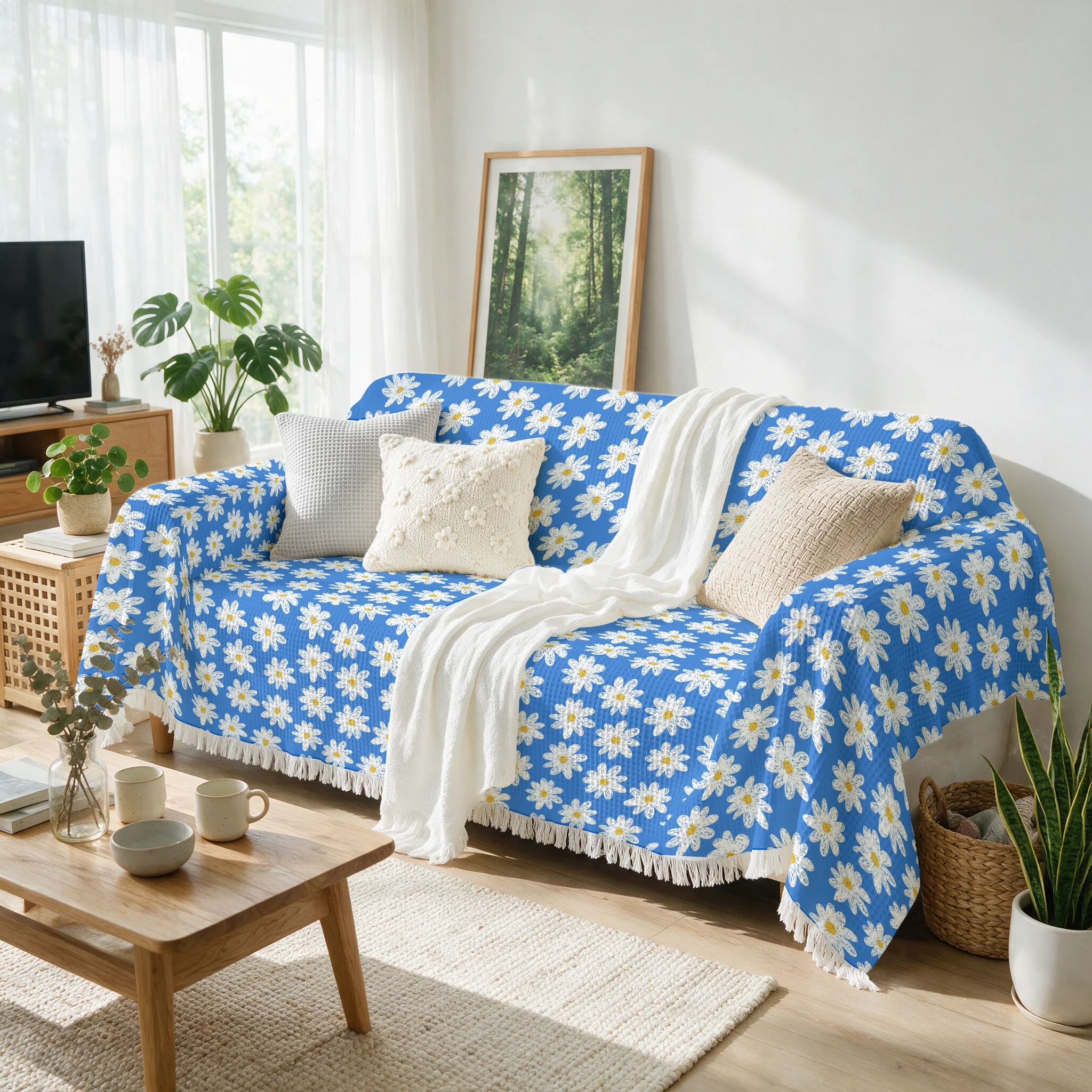 Decorative Blue Daisy Floral Print Throw Blanket Sofa Cover Couch Throw Pillowcase Living Room Home Decor Gift for Seasonal Use