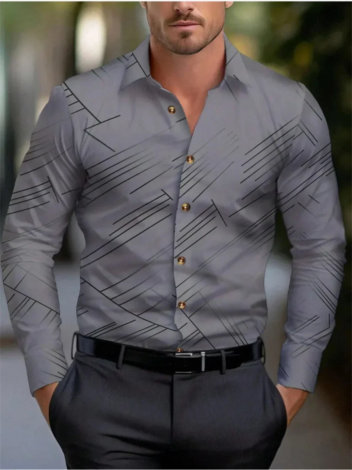 Men's Line Printed Shirts, Business and Leisure Design, Comfortable Fabrics for Men's Clothing, Summer Fashion