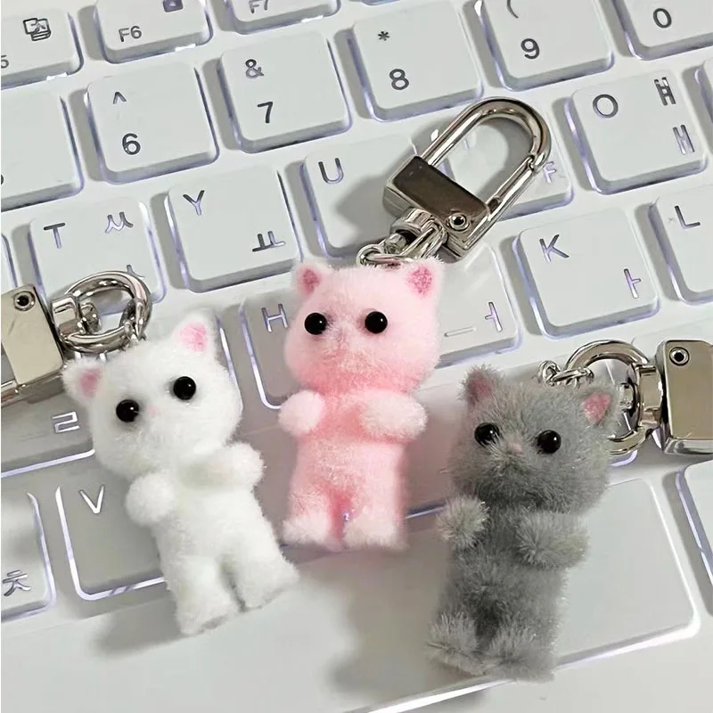 3D Flocking Kitten Keychain Cat Couple Mobile Phone Pendant Car Keyring Earphone Backpack Charms Bag Decor Key Pendant