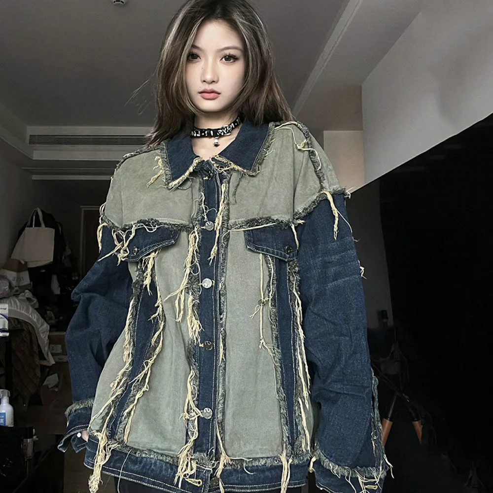 2023 Blue Patchwork Vintage Denim Jackets Oversize For Man Woman Jean Coat Women's Streetwear Y2k Clothes Female Design Outwear