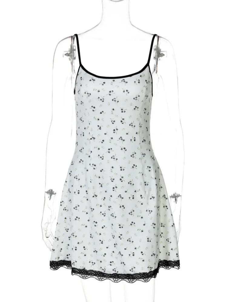 Sexy Print Spaghetti Strap Mini Dress Women  Lace Side U-neck Sleeveless  Backless Fashion Summer Beach Holiday Dress