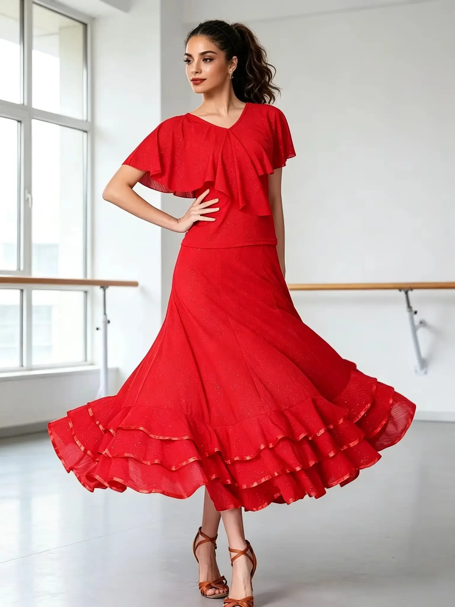 Conjunto de Danza Flamenco para Mujer, Capa, Manga Corta, Cintura Fruncida, Malla Brillante 360 ° Falda larga maxi para baile de salón, disfraz latino, flamenco.