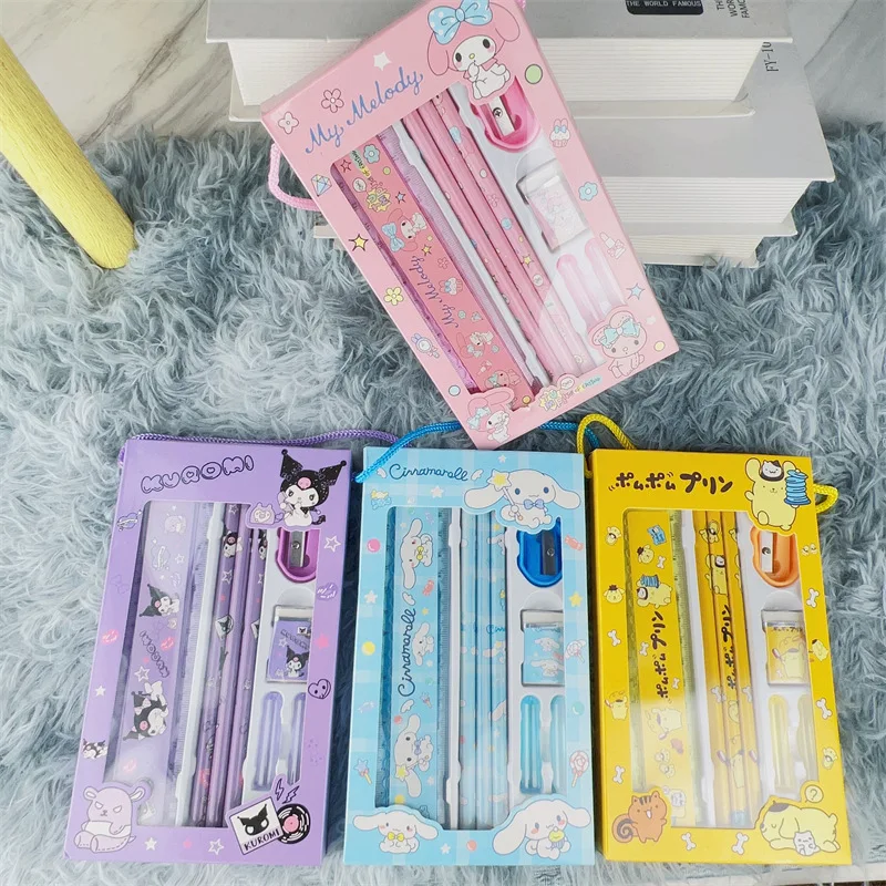 Kawaii Sanrio Stationery Set Pencil Eraser Ruler Cinnamoroll My Melody Kuromi Painting Primary School Supplies for Student Gifts