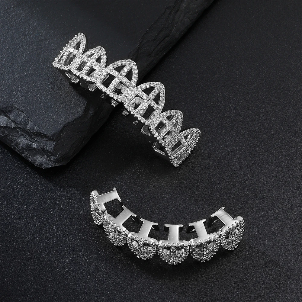 D&Z New Bling Hollow Cross Teeth Grills For Unisex Copper Iced Out CZ Stones Paved Grills Teeth Charm Hip Hop Jewelry Gift