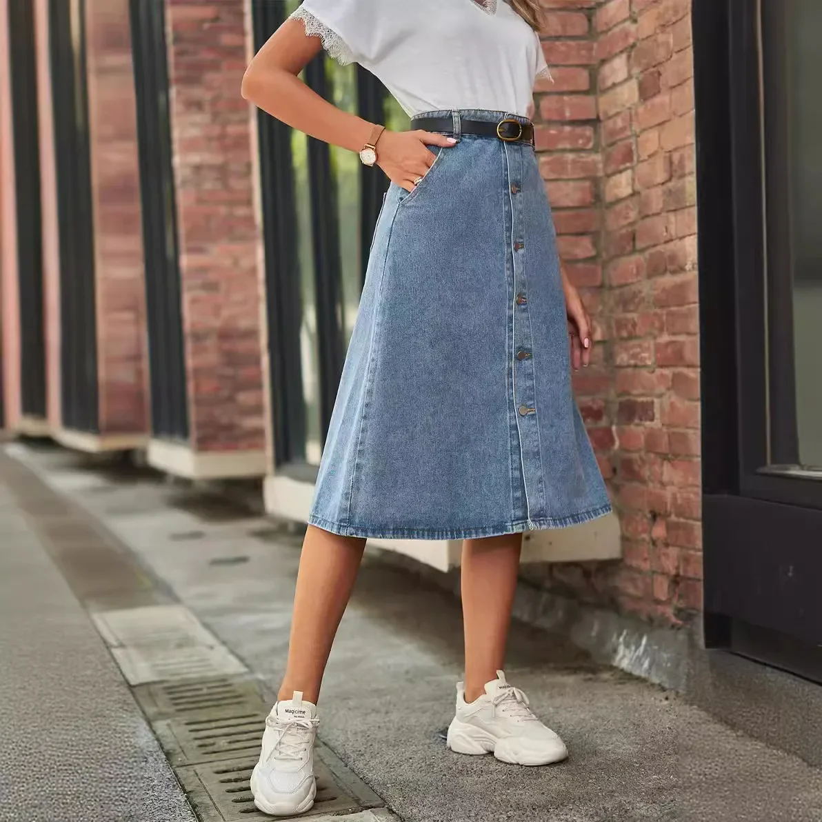 Knee Length Skirts Denim Slim Fit Women Skirt Wrap Buttocks Zipper Fly Sexy High Waist Spliced Distressed Vintage Sashes