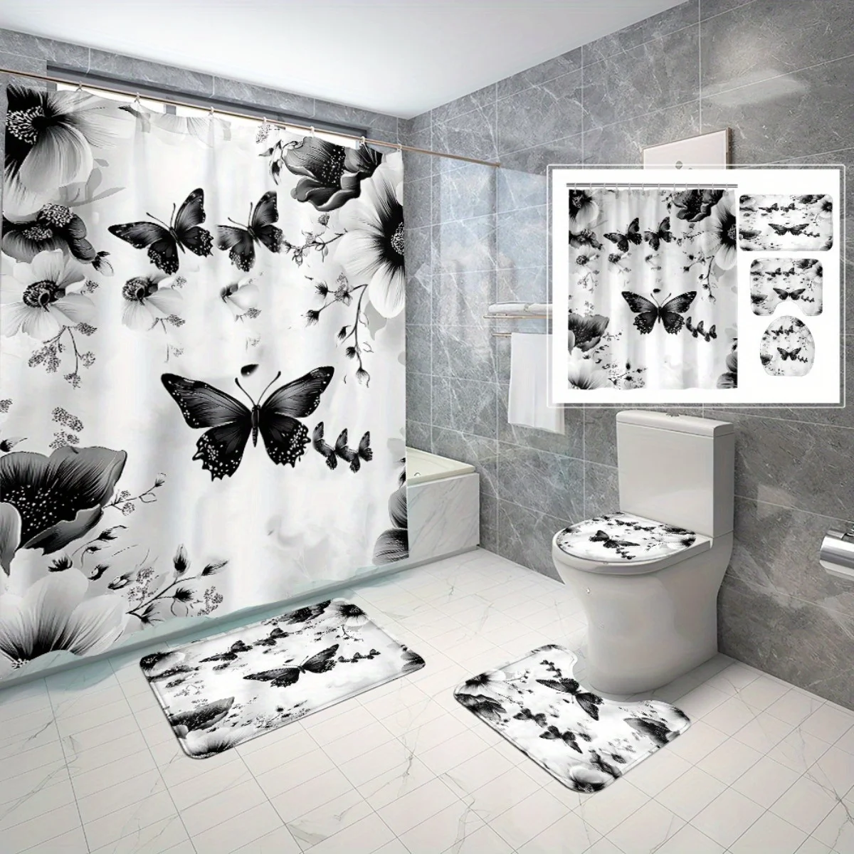 

4 шт. Черно-белый набор для ванной комнаты с бабочкой на серым фоне, нескользящий коврик, U-образный коврик, коврик для сиденья унитаза, занавеска для душа
