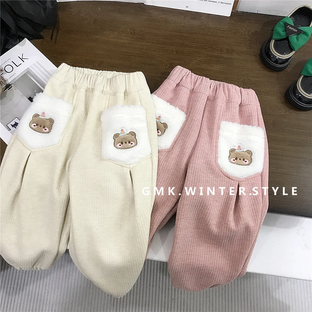 

Autumn Winter Children Girls Sweatpant Cotton Fleece Thicken Bear Pocket Baby Girl Trousers Casual Elastic Waist Kids Girl Pants
