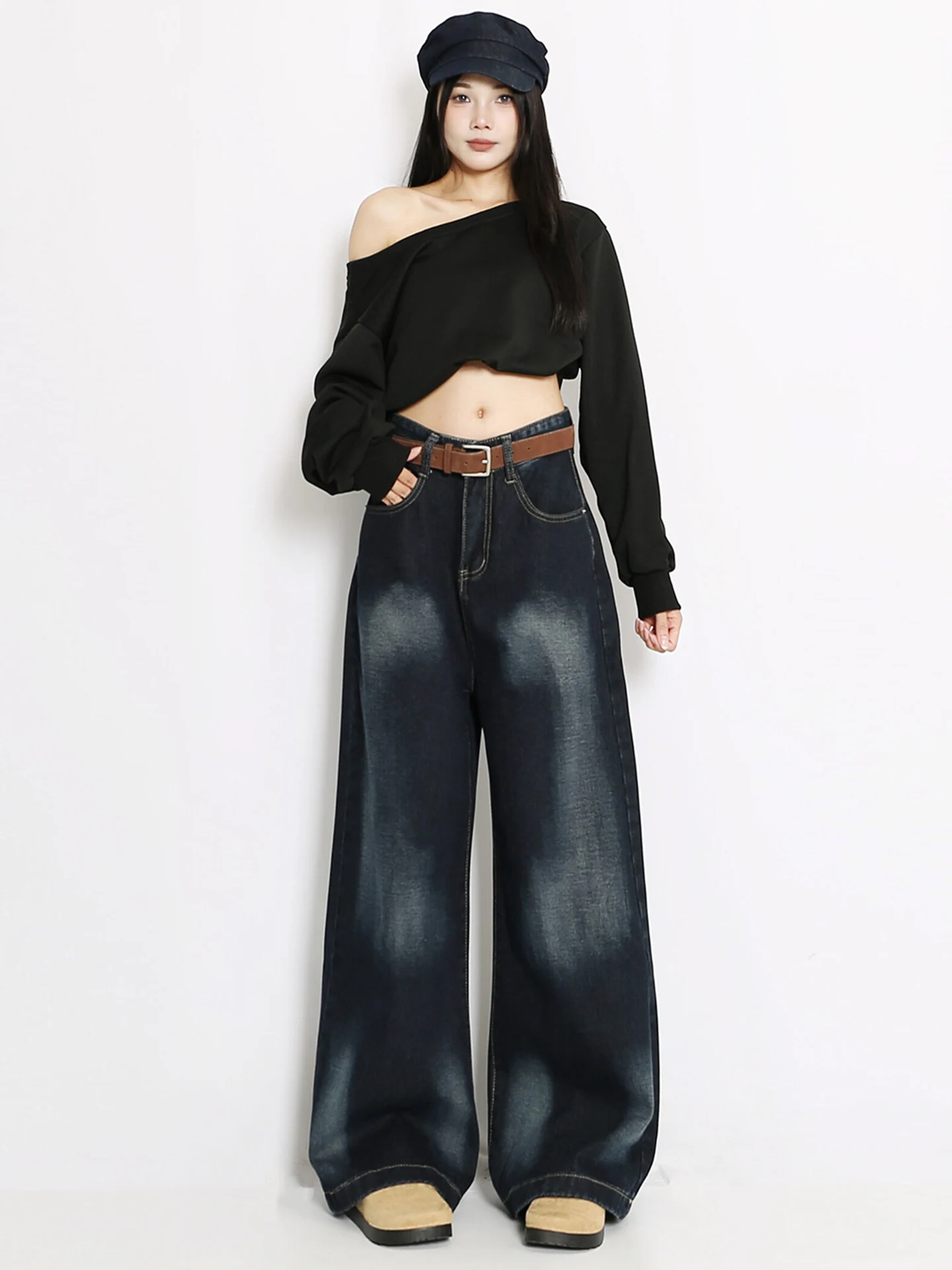 Jean en Denim pour femmes, ample, taille haute, jambes larges, bleu, rétro américain, Tube droit, longueur au sol, pantalon, nouvelle collection automne