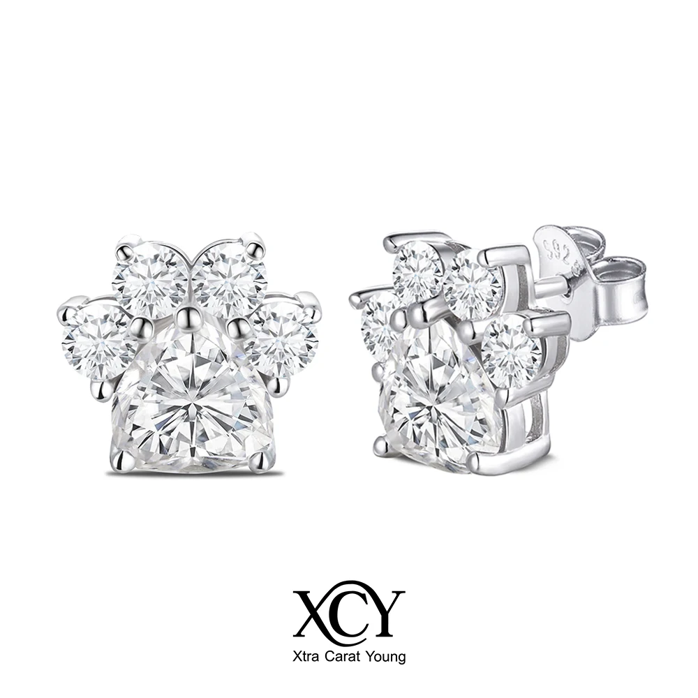 

XCY Cute Cat Paw Moissanite Stud Earrings 925 Silver Sparkling Diamond Studs Birthday Anniversary Fine Jewelry Gift for Women