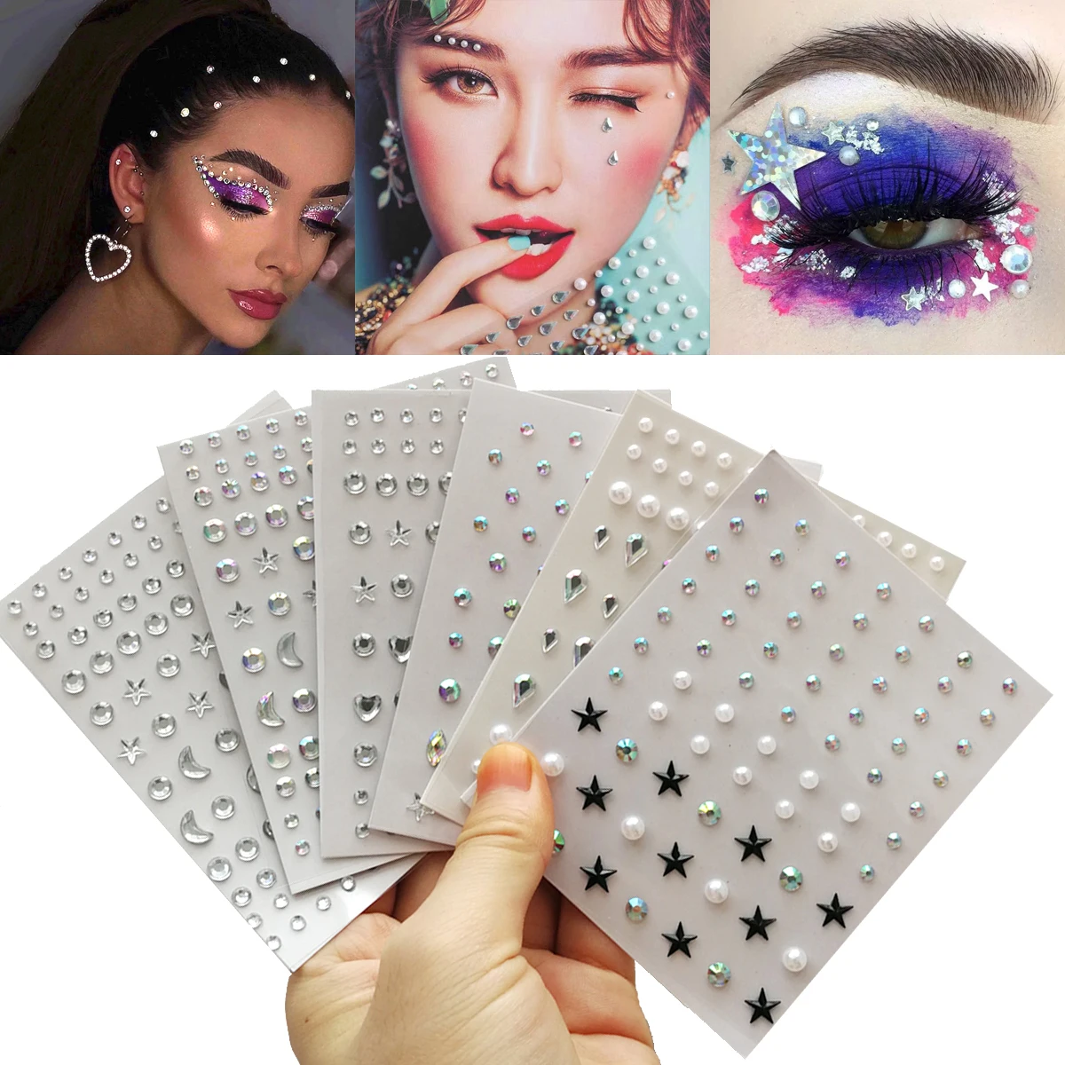 7Sheets/Lot Face Diamond Gem Sticker 3D Colorful Rhinestone Tattoo Eyeshadow Stickers for Festival Nail Body Makeup Bling Jewel