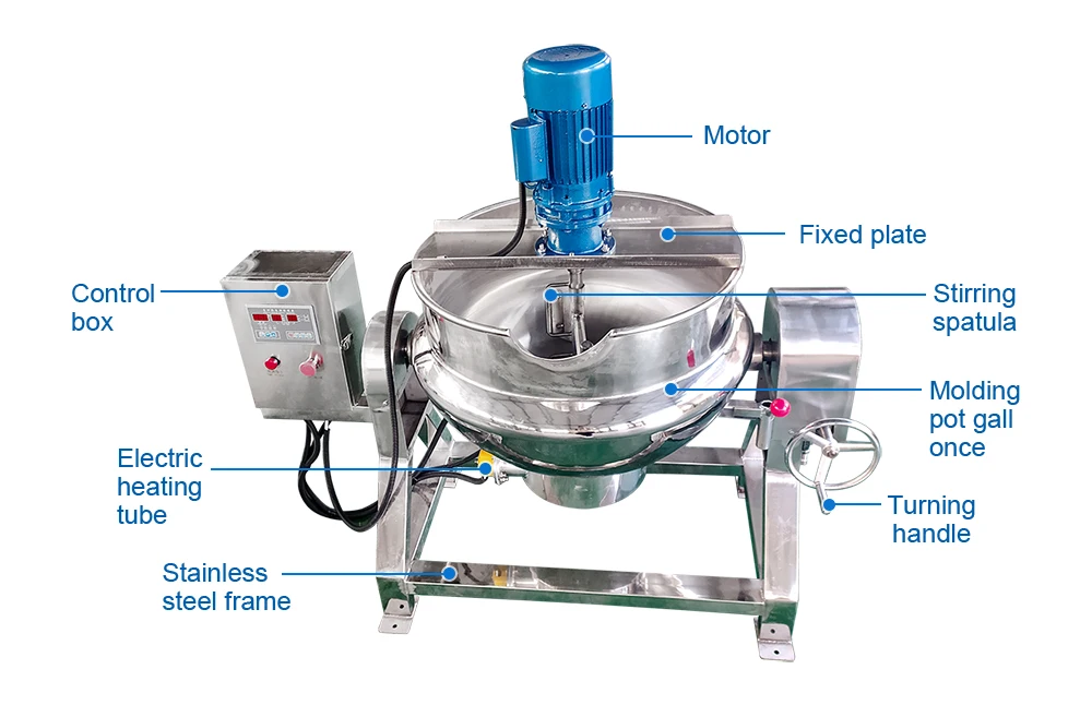 Ventas de fábrica comercial inteligente automático inclinable eléctrico/Gas/vapor arroz frito mezcla olla de cocina máquina de hervidor con camisa