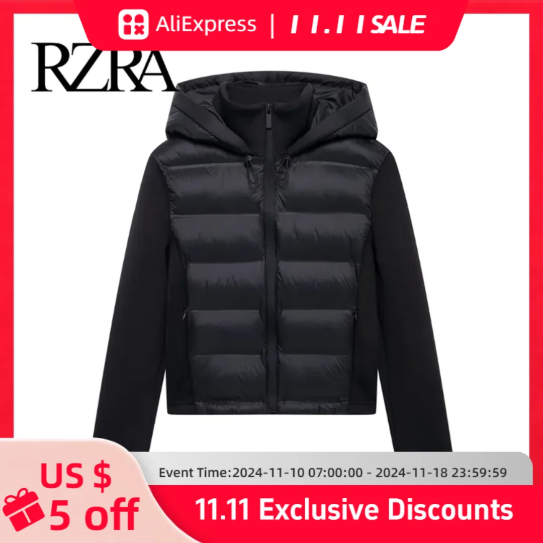 RZRA2024 new winter women's black commuter versatile stand-up collar hooded slim cotton jacket with splicing sleeves