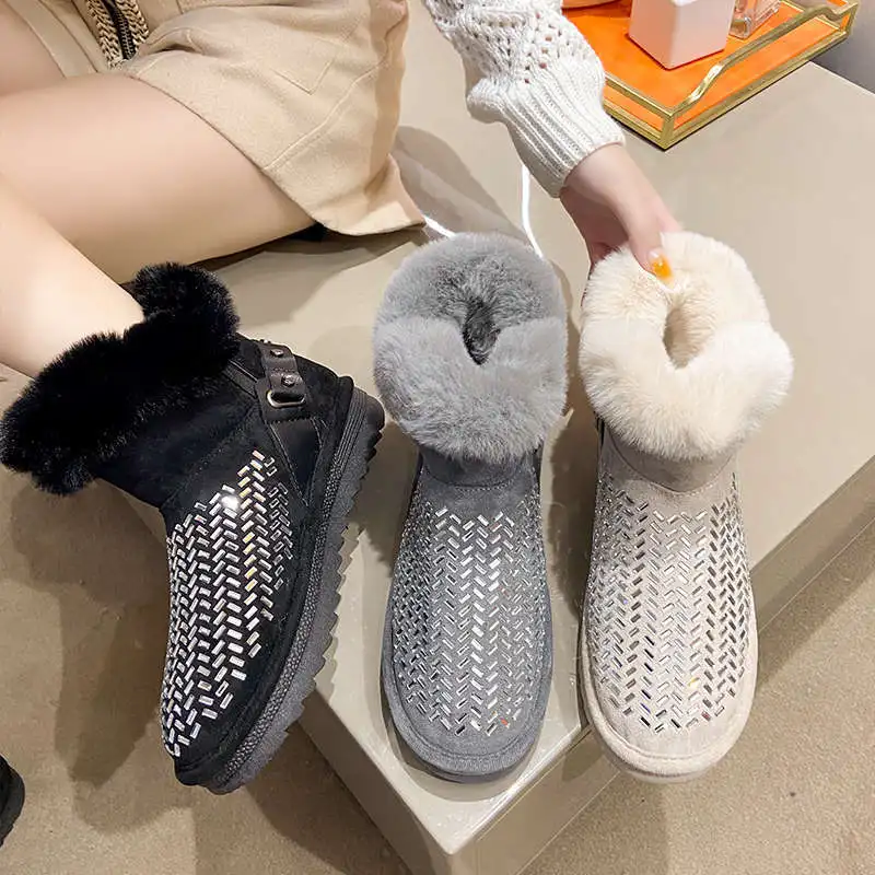 New Winter Ankle Boot for Women Fashion Retro Strap Furry Bling Shoes Woman Snow Booties Glitter Ladies Warm Plush Short Boots