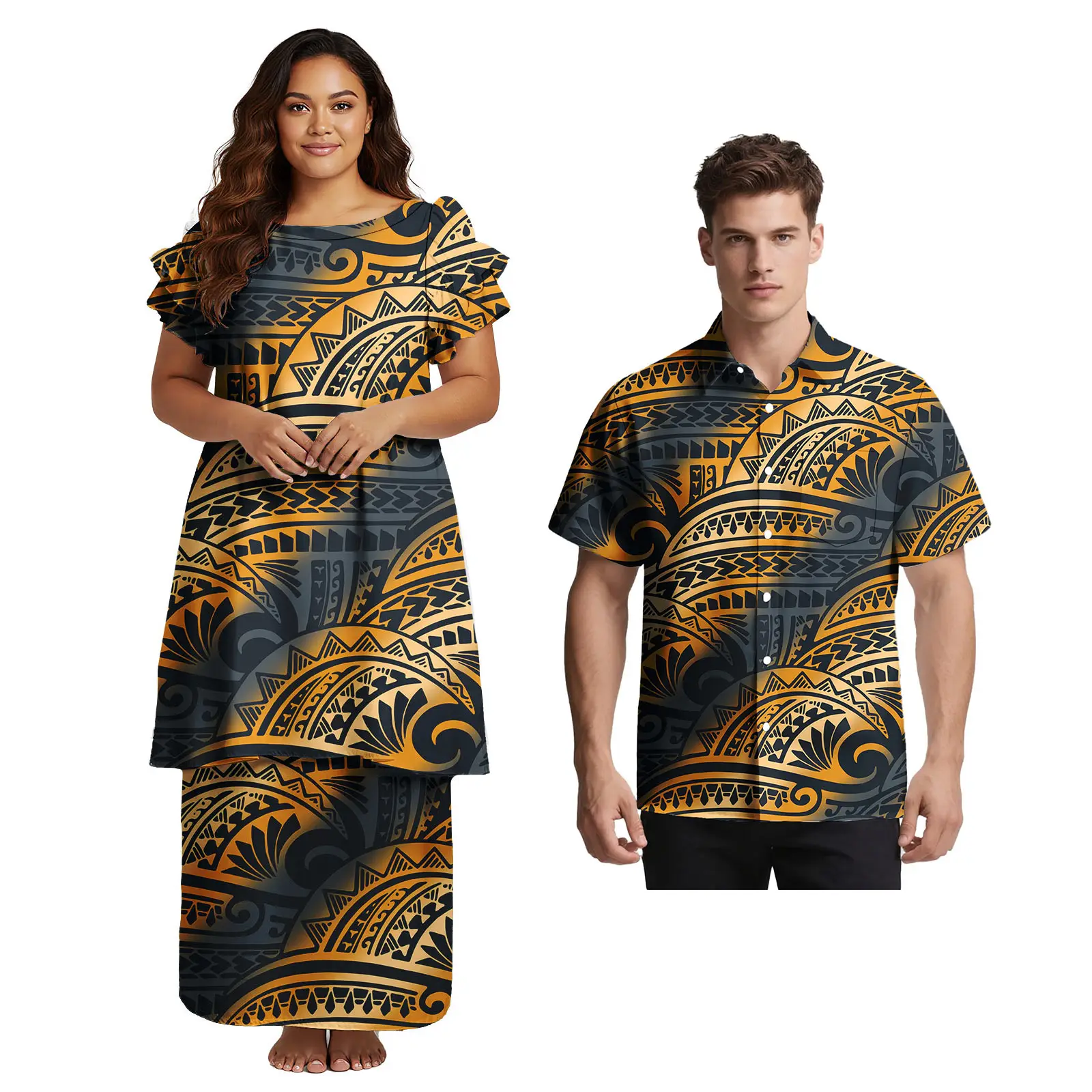 Couple Sets Two Pieces Hawaii Polynesian Tribal Print Plus Size Ladies Church Elegant Dress Match Men Aloha Shirts