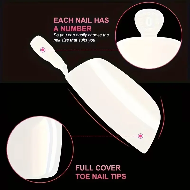 240 uñas postizas para pies, blancas, cuadradas, cortas, color sólido, superficie brillante 4