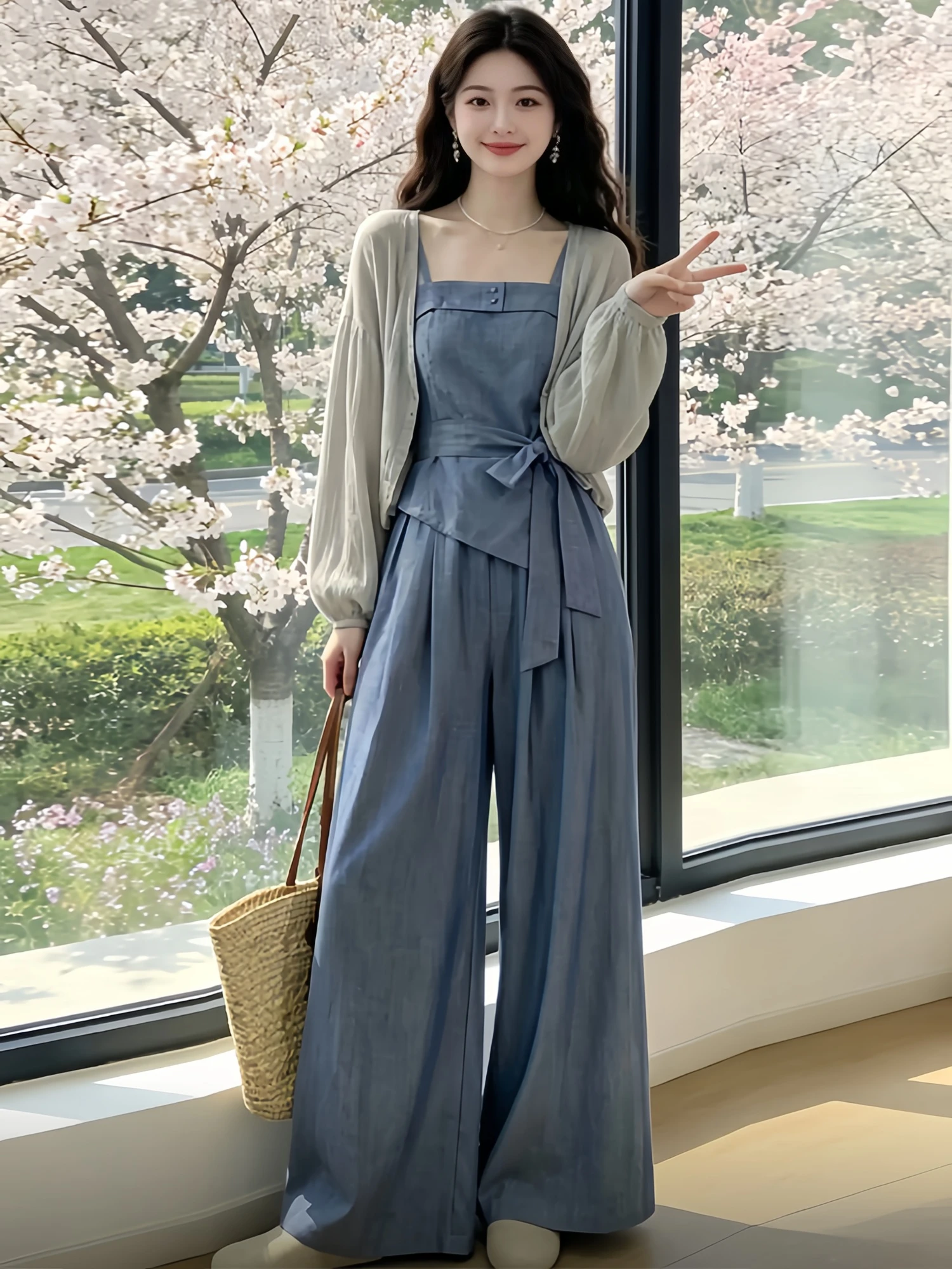 

Summer Fashion Casual Sporty Three-Piece Set Women's High-End Sun Protection Open Cardigan Jacket Strap Wide Leg Pants