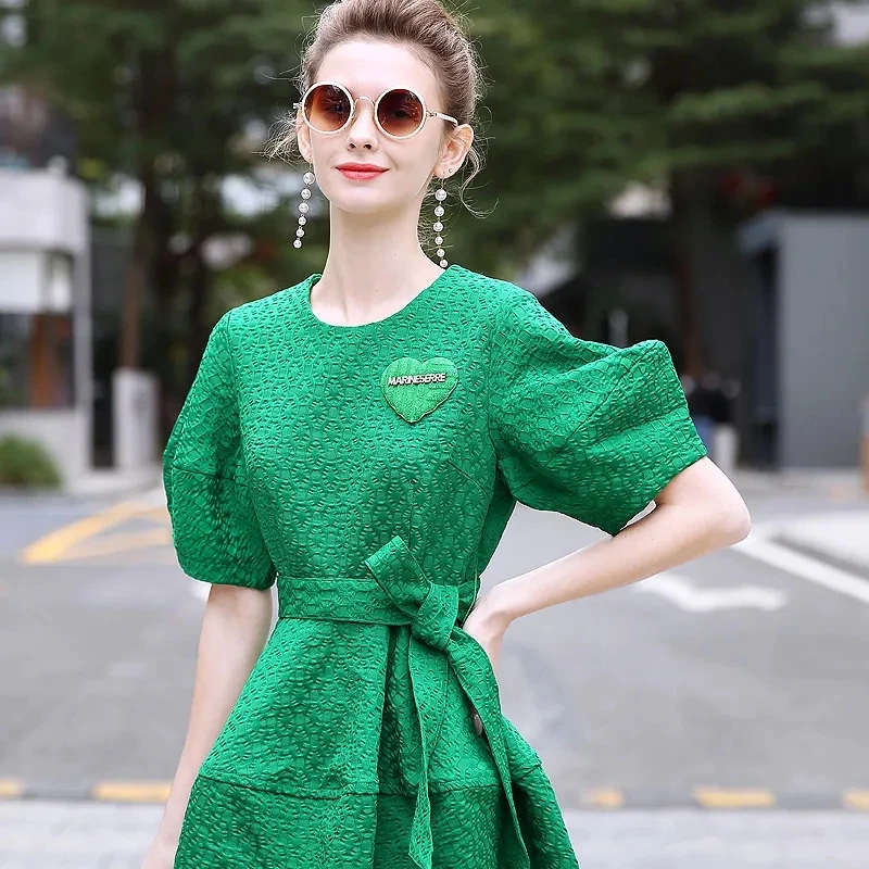 2022 Spring new dress design sense of minority skirt children's solid color lace up waist slim Lantern Sleeve Dress