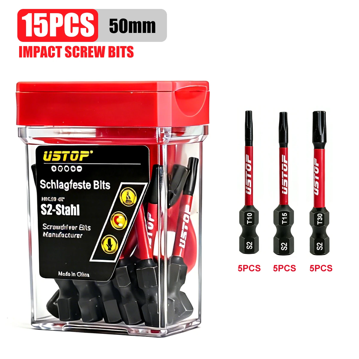 15-teiliges S2-Stahl Torx-Bit-Set T10/T15/T30 50mm Magnetisch Verdrehsicher mit Flip-Top Aufbewahrungsbox