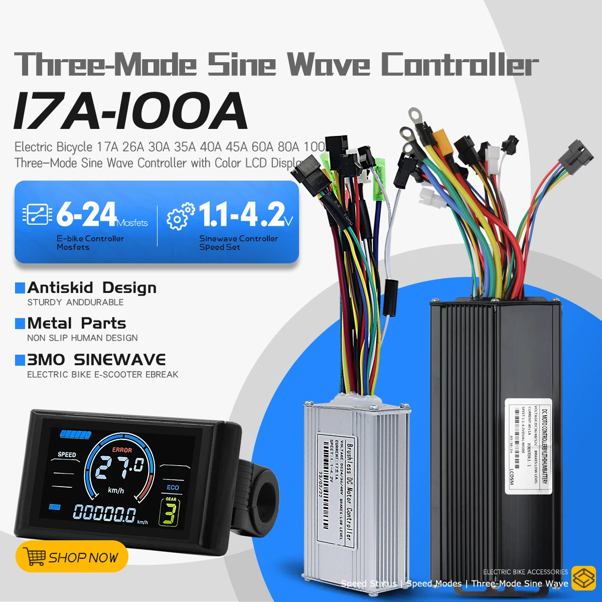 

Синусоидальный электрический велосипед 17A 26A 30A трехрежимный водонепроницаемый контроллер с цветным ЖК-дисплеем NFC S966, совместимый с 24 В, 36 В, 48 В