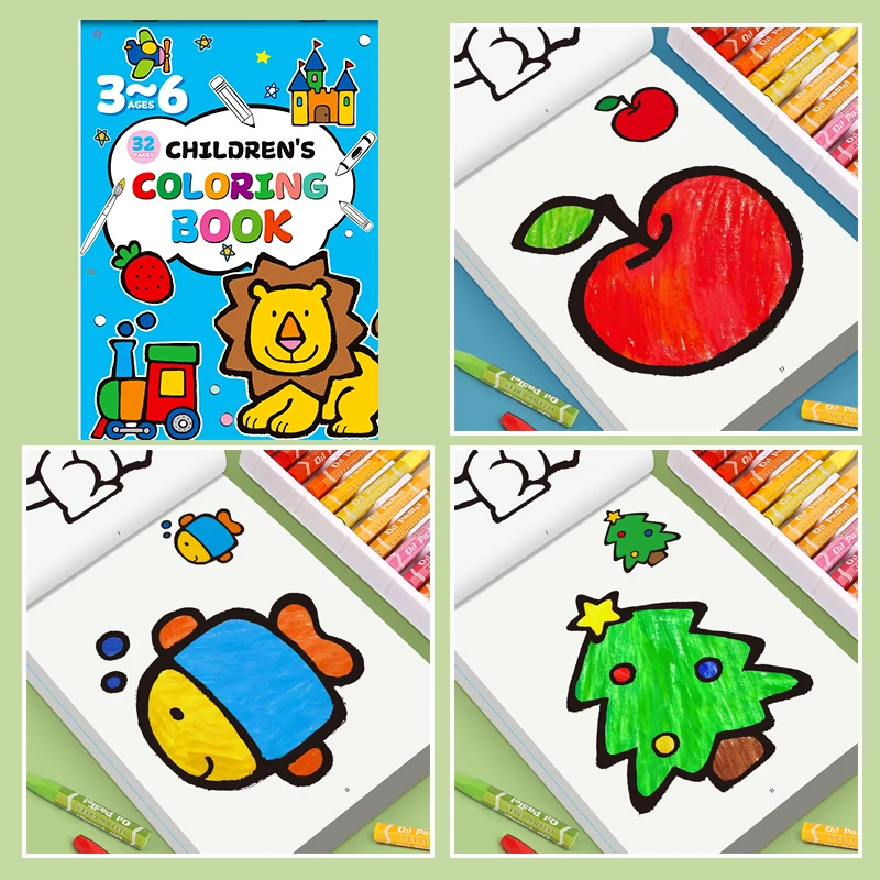 Fun Drawings 32 Patterns Children's Coloring Book 32 Pages of Animal Fruit Transportation Marine Animal Theme Enlightenment Book