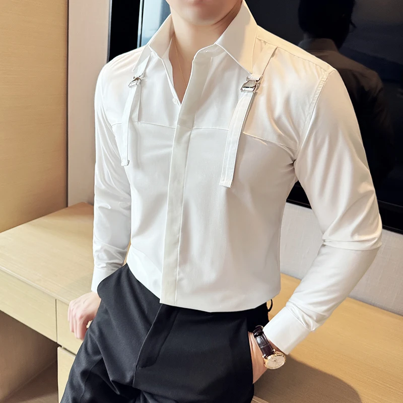 2024 Strap Decoration Casual Shirt Men Summer Long Sleeved Casual Business Dress Shirts Social Party Tuxedo Blouse Men Clothing