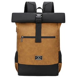 Impermeável USB Computer Backpacks, leve couro PU, homens e mulheres Luxo Roll Top Rucksack