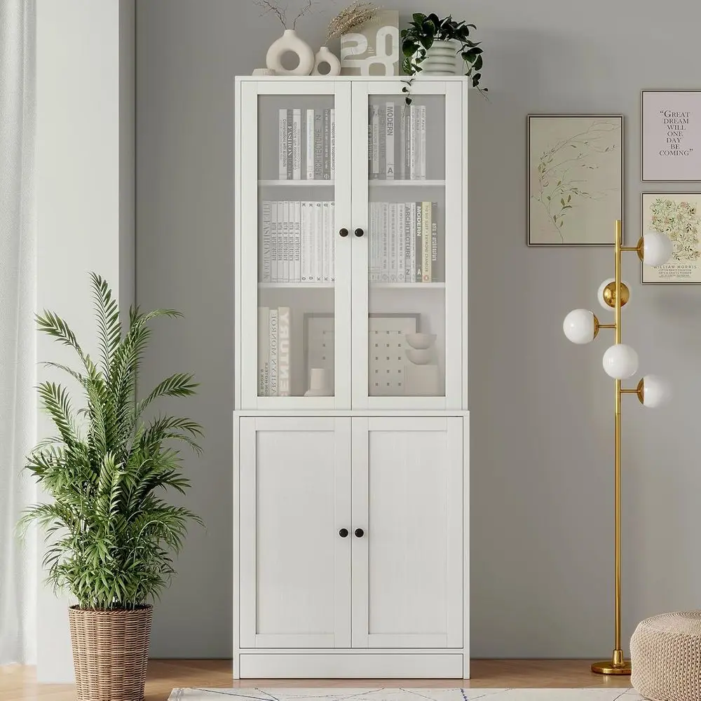 71 Tall 5-Tier Bookshelf with Glass Door Cabinet for Home Office or Living Room, White