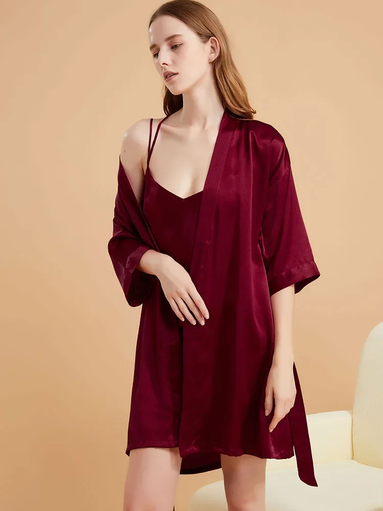 19 مللي متر سترة الحرير الثقيل رداء ثوب النوم مجموعة مع حزام 100% التوت الحرير فستان بكتافة و رداء حمام قصير 2 قطعة كيمونو ملابس خاصة #4