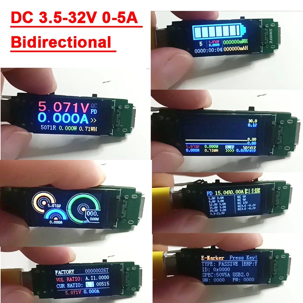 Bidirecional Tipo-c Usb Tester 5a Voltímetro Amperímetro Corrente de Tensão qc pd Decodificar Carga Rápida Carregamento da Bateria Emissor Temporizador Medidor