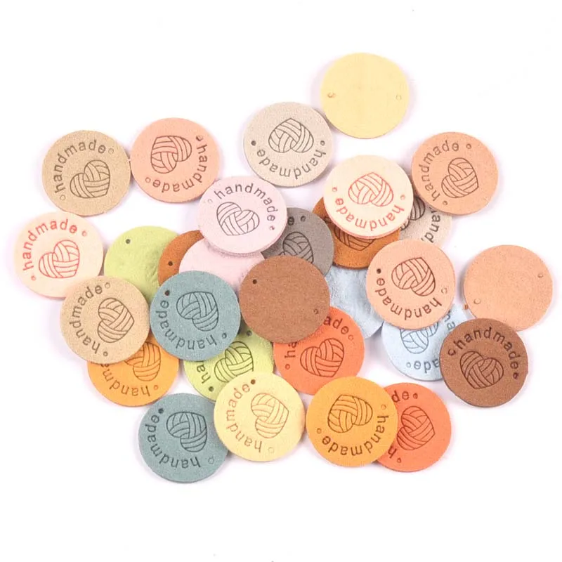 20Pcs 2.5cm Round PU Cloth Handmade Embossed Tags DIY Flag Label For Garment Sewing Accessories