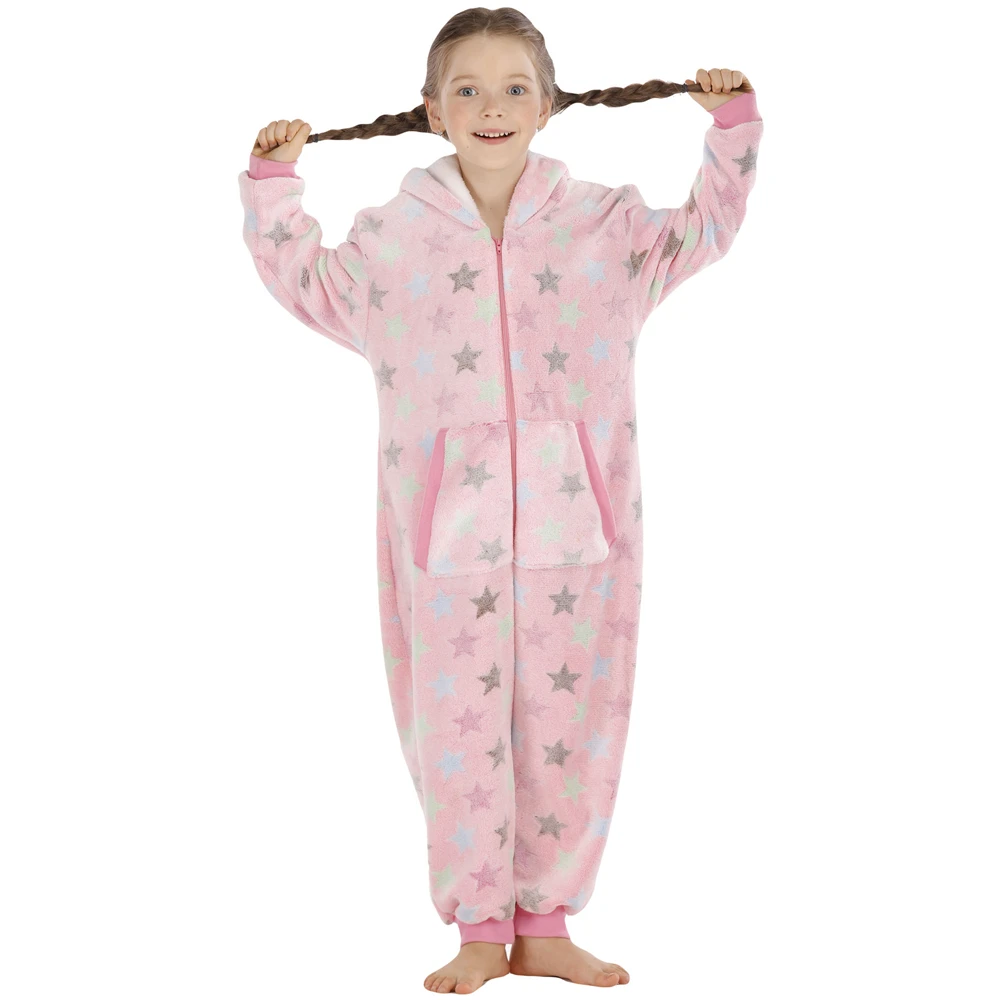 Winter Kid's Hooded Onesie Cosplay Costume Flannel Pajama One Piece Girl Flannel Pyjama Sleep Suit