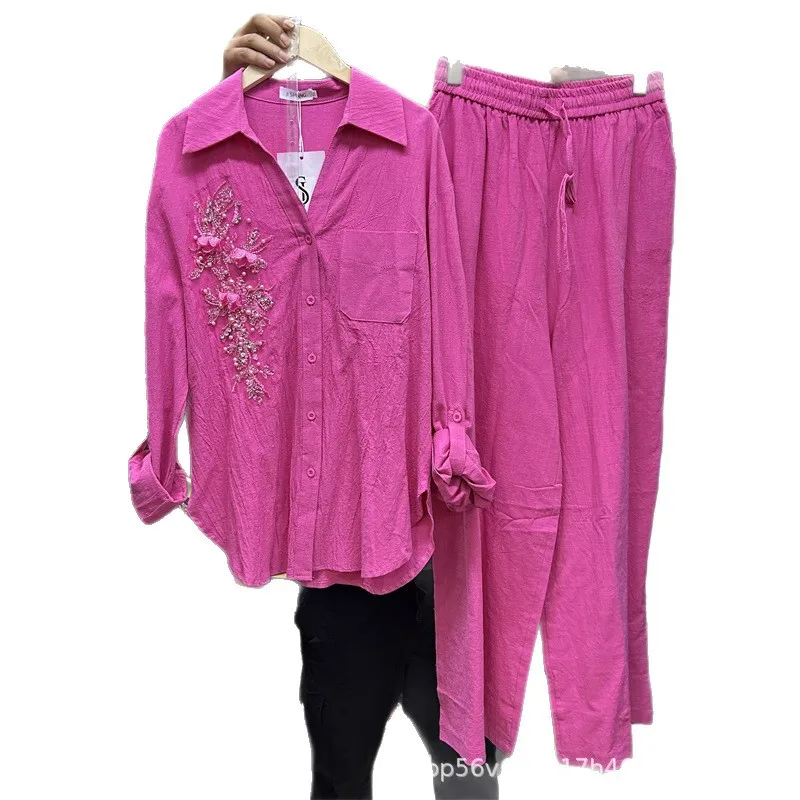 

Luxury 3D Flowers embroidery Sequined Loose Shirt Pearls Beaded Blouses Tops + Elastic Waist Casual Wide Legs Pants 2Pcs Set