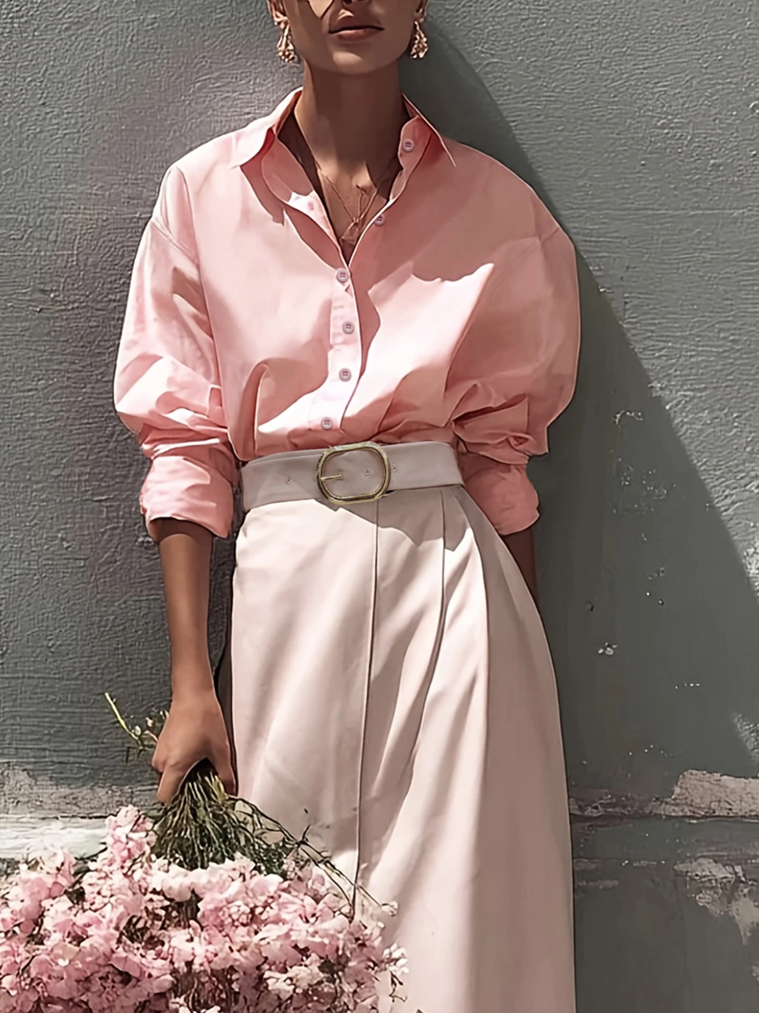 Women's Fresh Pink Two-Piece Set | Loose Shirt & High-Slit Skirt | Timeless Romantic Casual Elegant Outfit