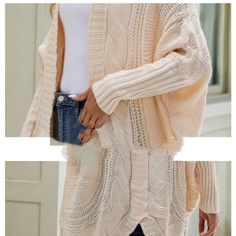 Women\'s Autumn and Winter New Fashion Elegant Solid V-Neck Irregular Casual Bat Sleeve Loose Sweater Knitted Cardigan Tops