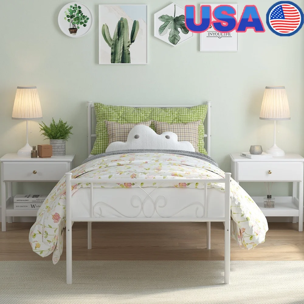 

Twin Metal Platform Bed Frame with Headboard Sturdy Mattress Foundation Kids Teens Easy Assembly Underbed Storage