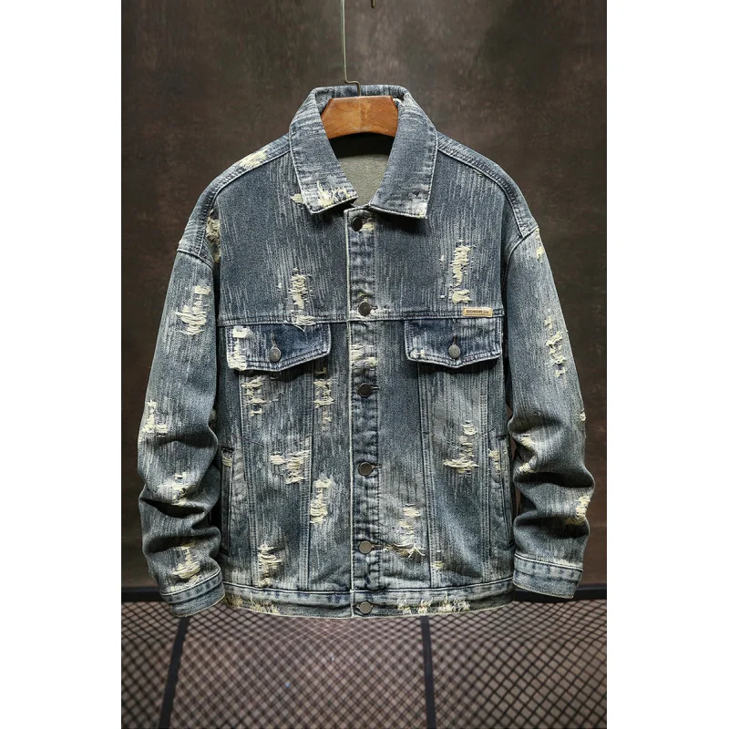 Fall new Tee flower vintage blue old personalized washed and abraded denim jacket men's loose jacket men's to