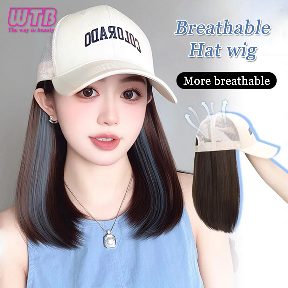 Wig topi sintetis 12 inci untuk wanita, topi Wig dengan ekstensi rambut lurus, topi Wig sintetis dapat disesuaikan Hitam Coklat