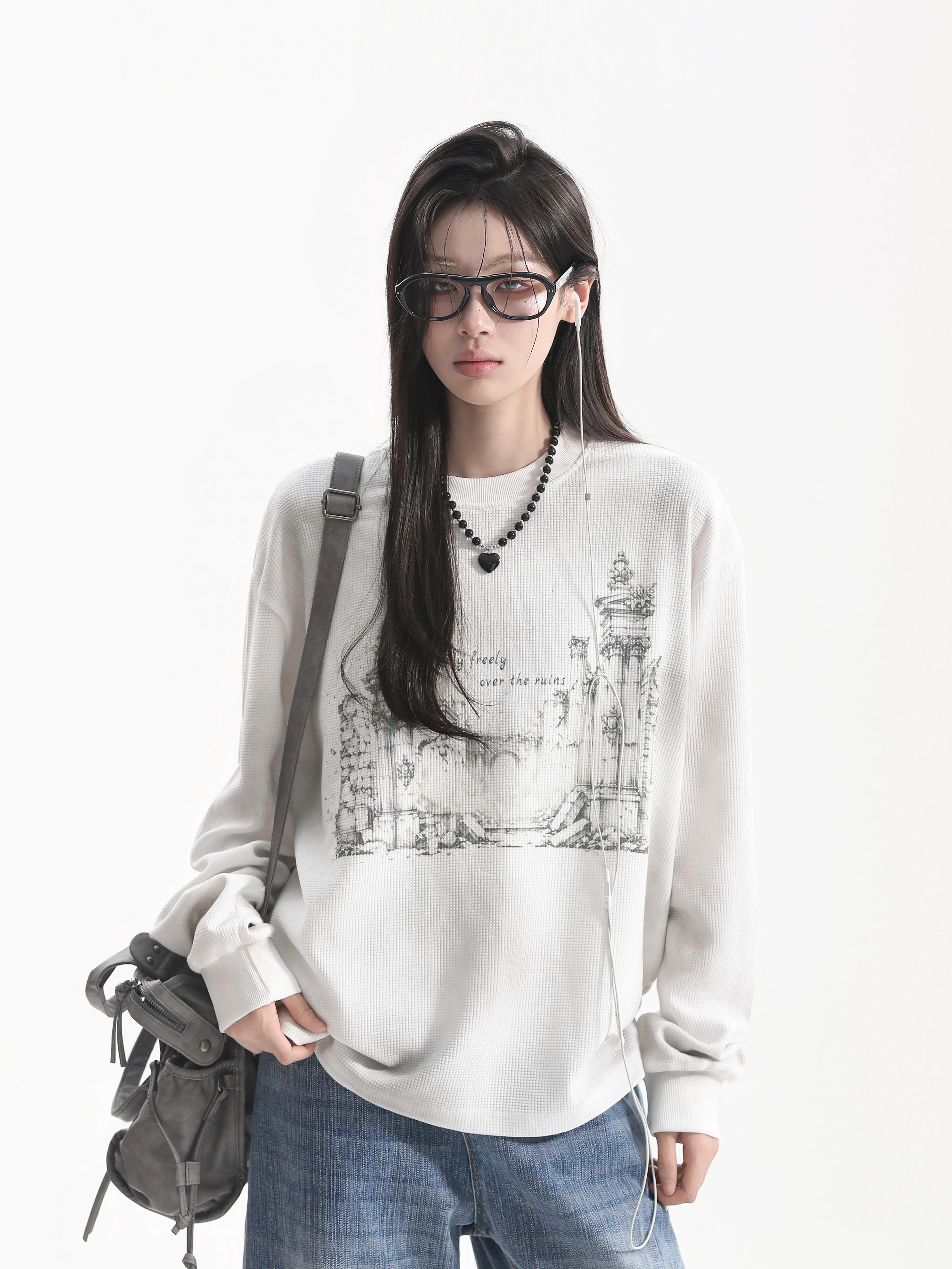 Retro American Sketch Building Print Long Sleeve round Neck Women's Loose T-shirt Casual Comfortable Base Layer Shirt