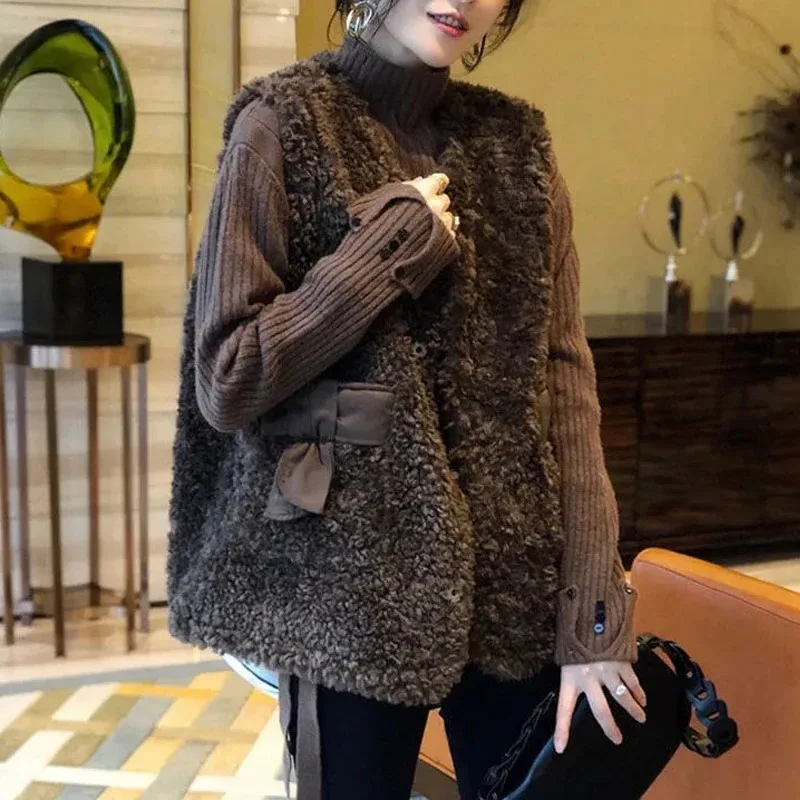 

Модный теплый жилет из кашемира ягненка в стиле ретро, осенне-зимний однотонный свободный жилет без рукавов с v-образным вырезом