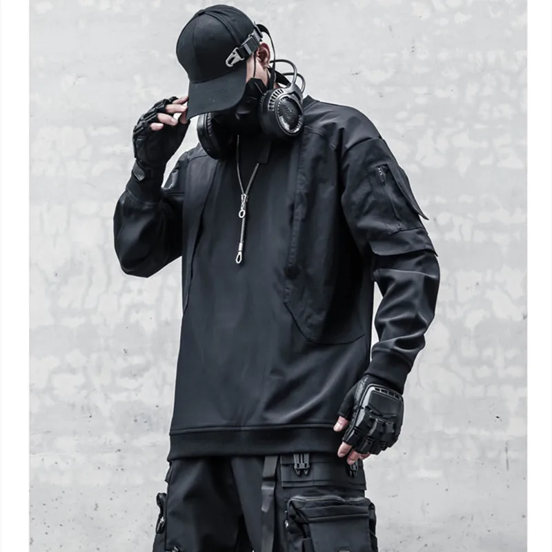 Fake Two Piece Patchwork Techwear Style Hip Hop Punk Hoodie Men Round Neck Casual Fleece Sweatshirt