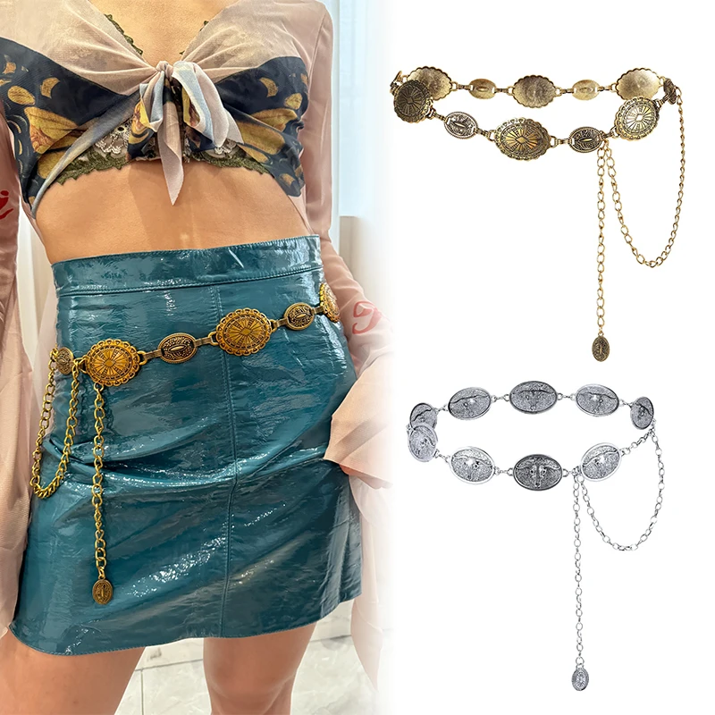 Retro Stijl Vrouwen Metalen Riem Decoratieve Cirkel Gesneden Concho Ketting Riemen Voor Vrouwen Vintage Cowgirl Western Accessoires