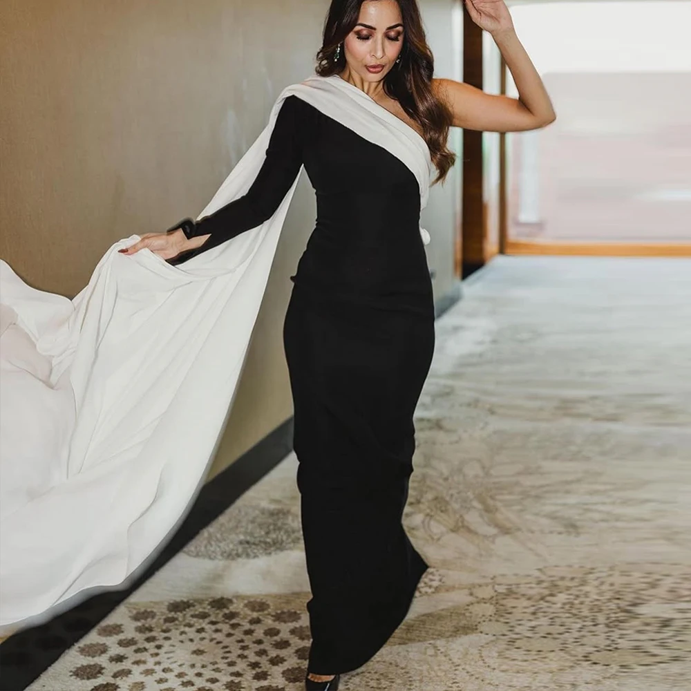 

One Shoulder Women Evening Dresses with Long Sleeve Customized Elegant Prom Dress for Evening Party Black Cocktail Gowns Midi